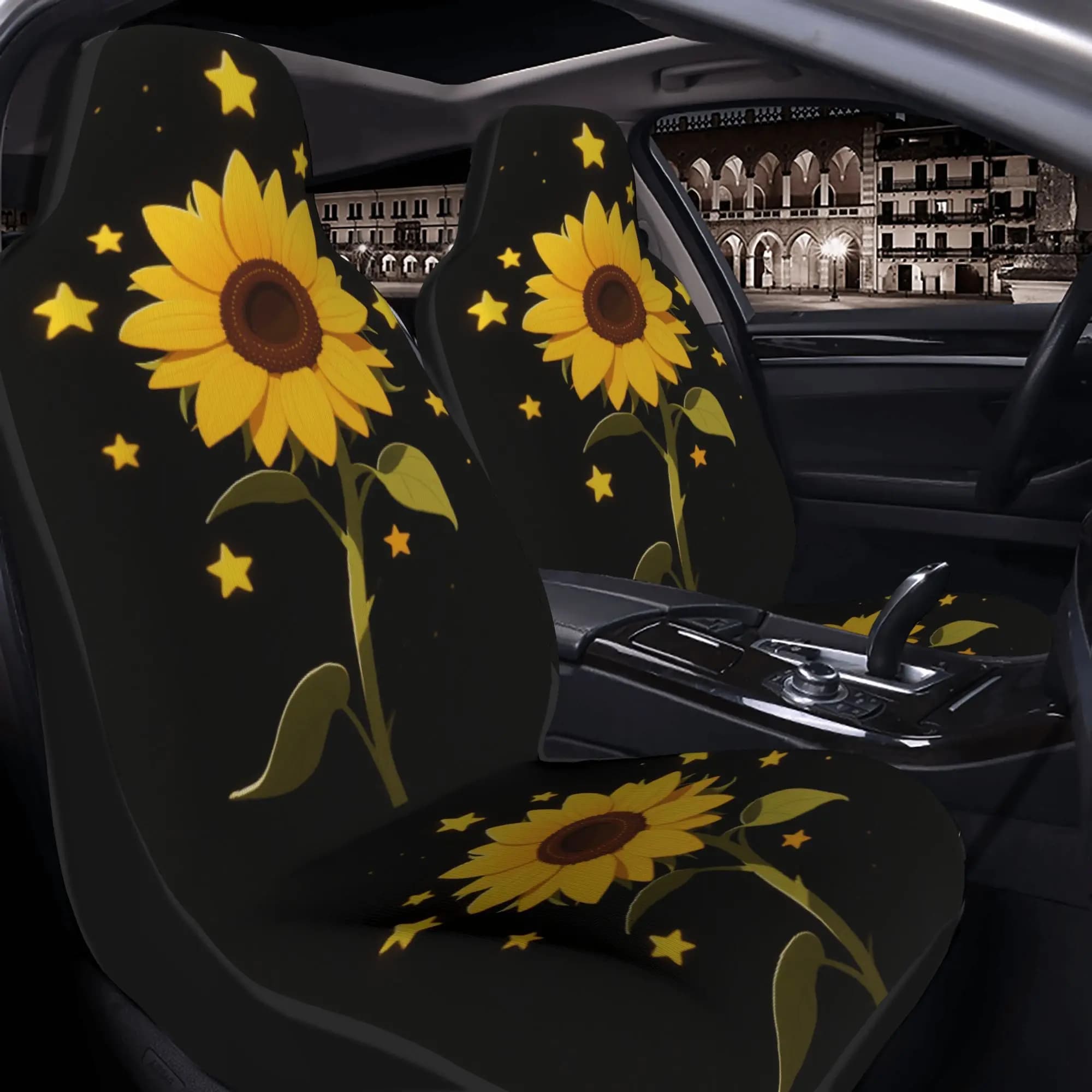 Car seat cover with night background of 2-piece sunflower stars, breathable and comfortable fabric, high-end car seat protection