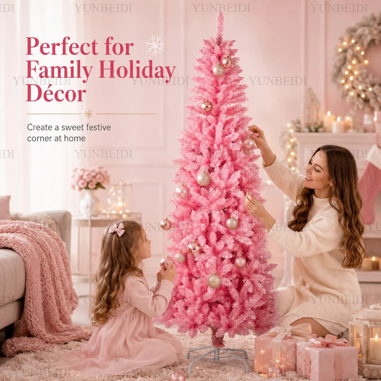 Pink Pencil Christmas Tree PVC Encrypted with LED Lights Artificial Christmas Tree 120cm To 210cm Family Christmas Party Decor