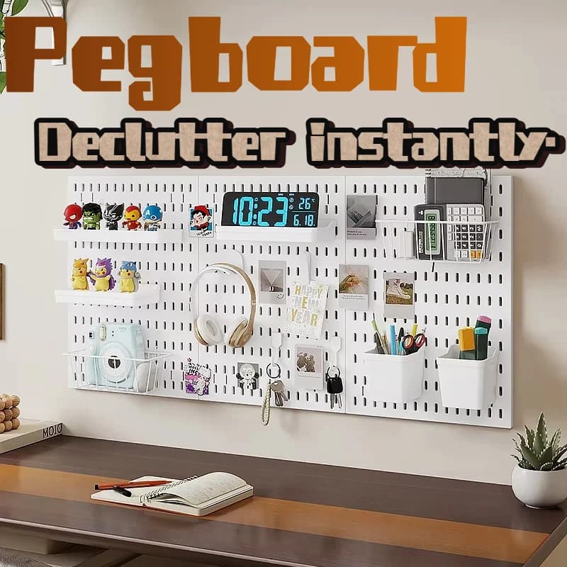 PP Pegboard Wall Organizer for Study Room, Plastic Hole Board with Hooks Shelf Storage for Home Office Stationery, Black White