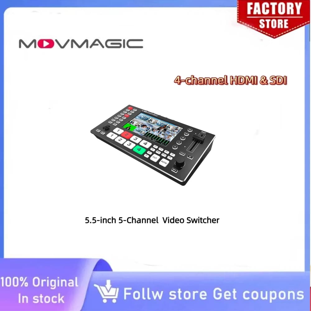 MOVMAGIC M4S Switcher 4K 5CH con Schermo 5.5" HDMI 3G-SDI, Chroma Key a 8 Strati e Controllo PTZ per Studio Virtuale e Live Streaming