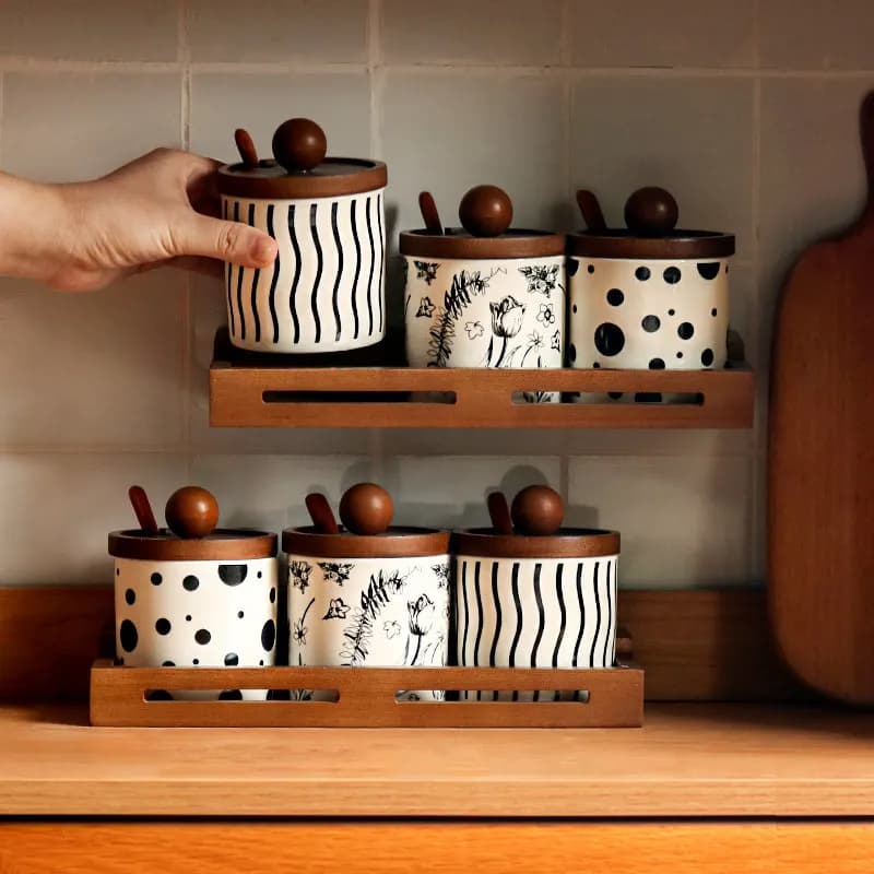 Set di Barattoli in Ceramica per Spezie, Uso Domestico, Combinazione Peperoncino e Sale, Ciotola con Cucchiaio, Supporto, Utensili da Cucina, Set per la Pulizia