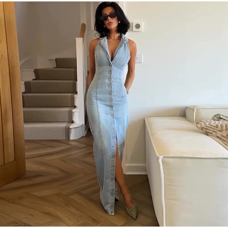 Abito lungo Jean da donna Colletto rovesciato senza maniche monopetto con spacco frontale 2025 Abiti casual femminili di moda estiva