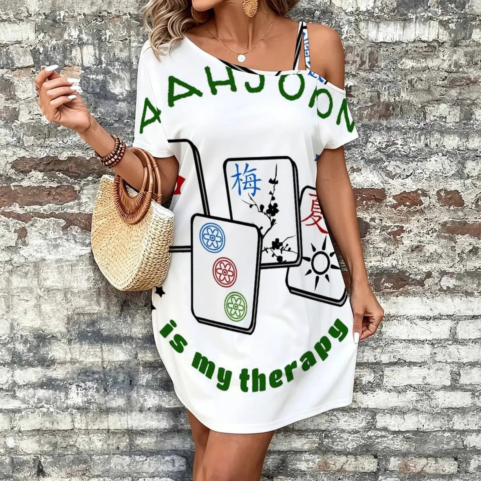 Mahjong Mah jongg game is my therapy set, gifts, tiles, table shirts, Women's Slanted Shoulder Single Strap Short-Sleeved Dress