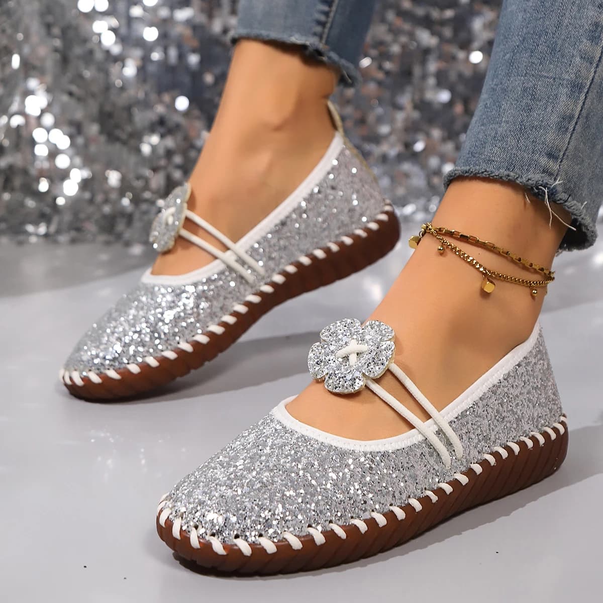 Novelty Sewing Outdoor Sports Shoes Fashion Bling Women Mary Jane Shoes Plus Size Pull on Slip-on Loafers Breathable Casual Shoe