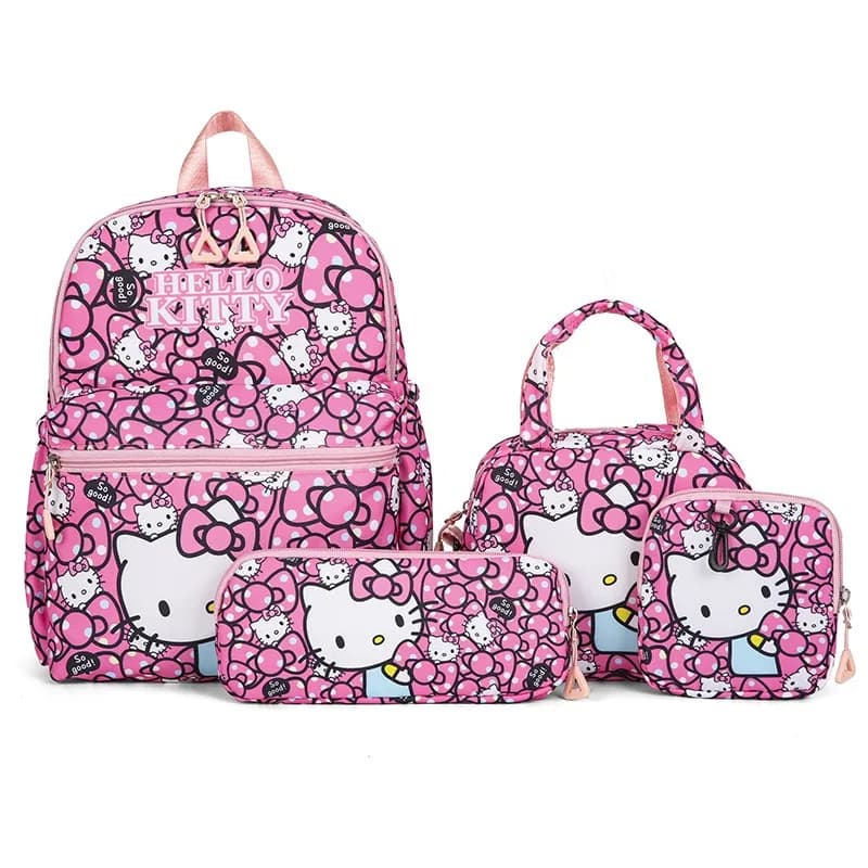 Zaino estivo Sanrio KT Cat per bambini, zaino da scuola per ragazze con personaggio Kuromi, set di quattro pezzi.