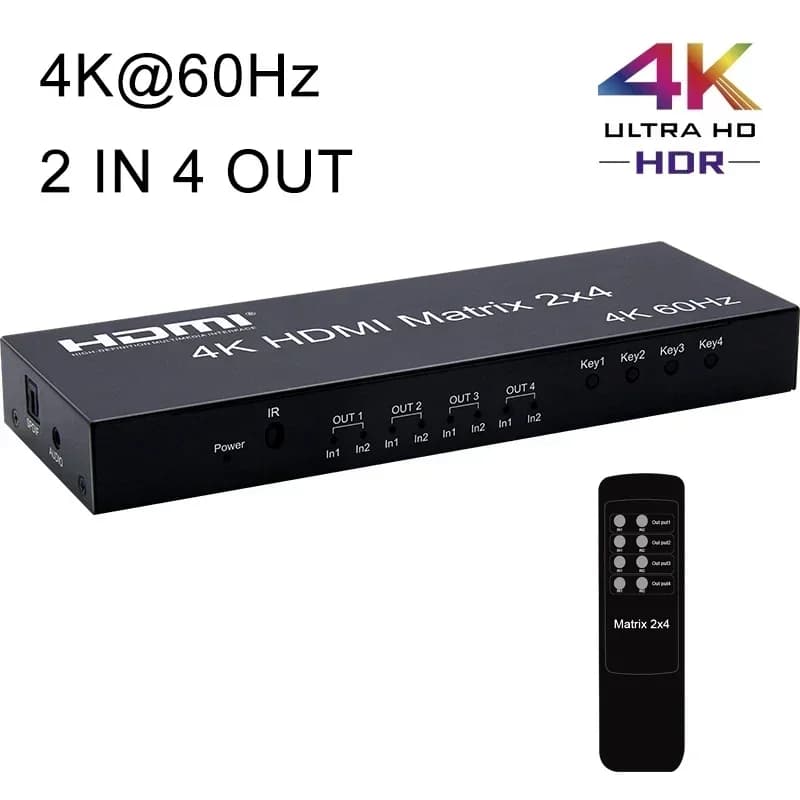 4K 60Hz HDMI Matrix 2x4 HDMI Switch Splitter 2 Inputs and 4 Outputs Switcher Audio Extractor for Camera Laptop PC To TV Monitor