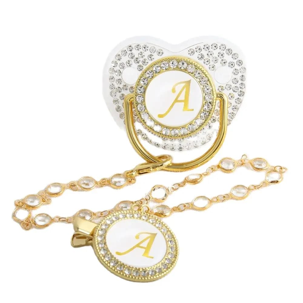 Ciuccio per bambini di lusso con lettera iniziale trasparente 26 con Clip a catena succhietto fittizio Bling neonato Chupeta