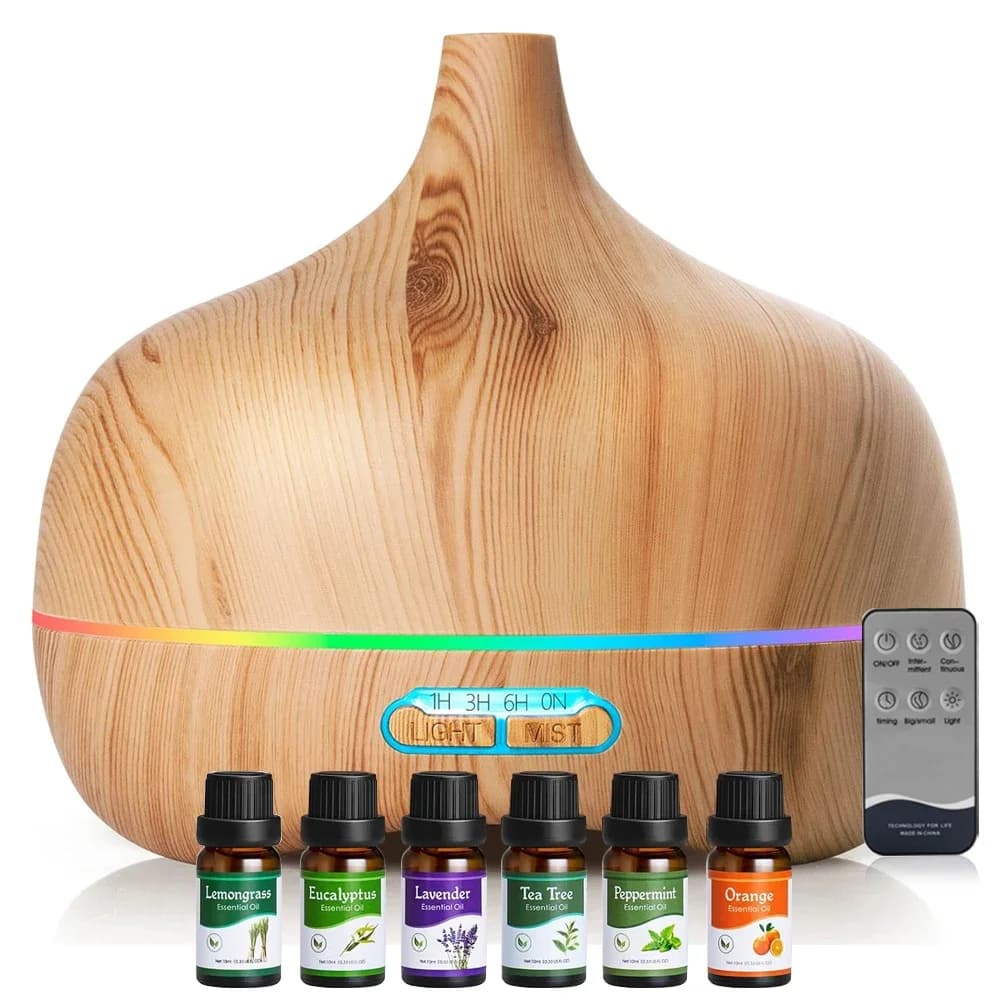 Diffusore di oli essenziali ad ultrasuoni da 550 ml, aromaterapia a nebbia fredda, venature del legno, spegnimento senza acqua, per camera da letto, casa, ufficio, Livi