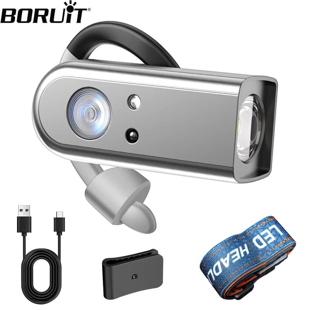 BORUiT Ear Mounted Portable Lamp Motion sensor LED Headlamp Type-C Charging Hat Clip Light Built-in Battery Outdoor Lantern