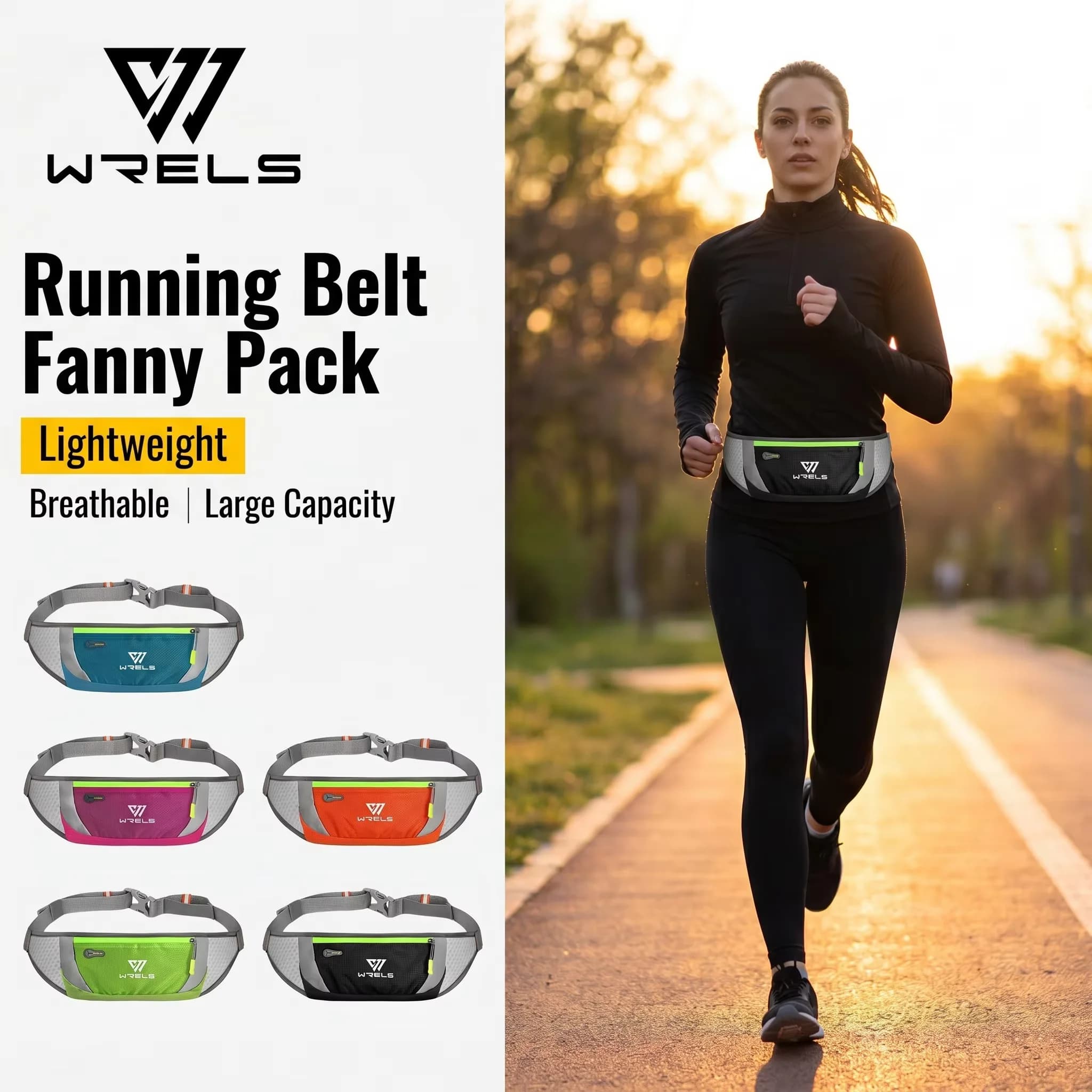 WRELS Running Belt Fanny Pack Lightweight Breathable Waist Pack Large Capacity Water Resistant Mesh Adjustable Running Pack