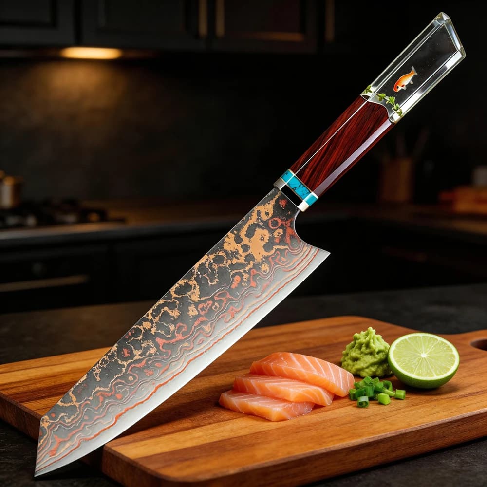 Coltello da Cucina Giapponese Kiritsuke da 8 Pollici, 37 Strati in Acciaio Damasco Tricolore, Affilato per Cucinare e Affettare