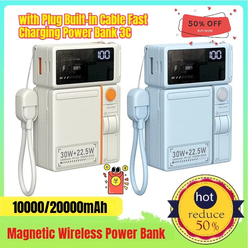 20000mAh Magnetic Wireless Power Bank with Plug Built-in Cable Fast Charging Power Bank 3C
