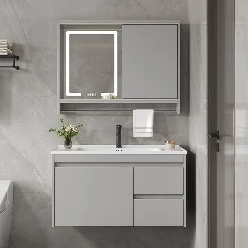 Armadietto a specchio Feng Shui, mobiletto a specchio per portasciugamani, lavabo integrato in ceramica grigia, WC, lavabo, mobiletto da bagno.