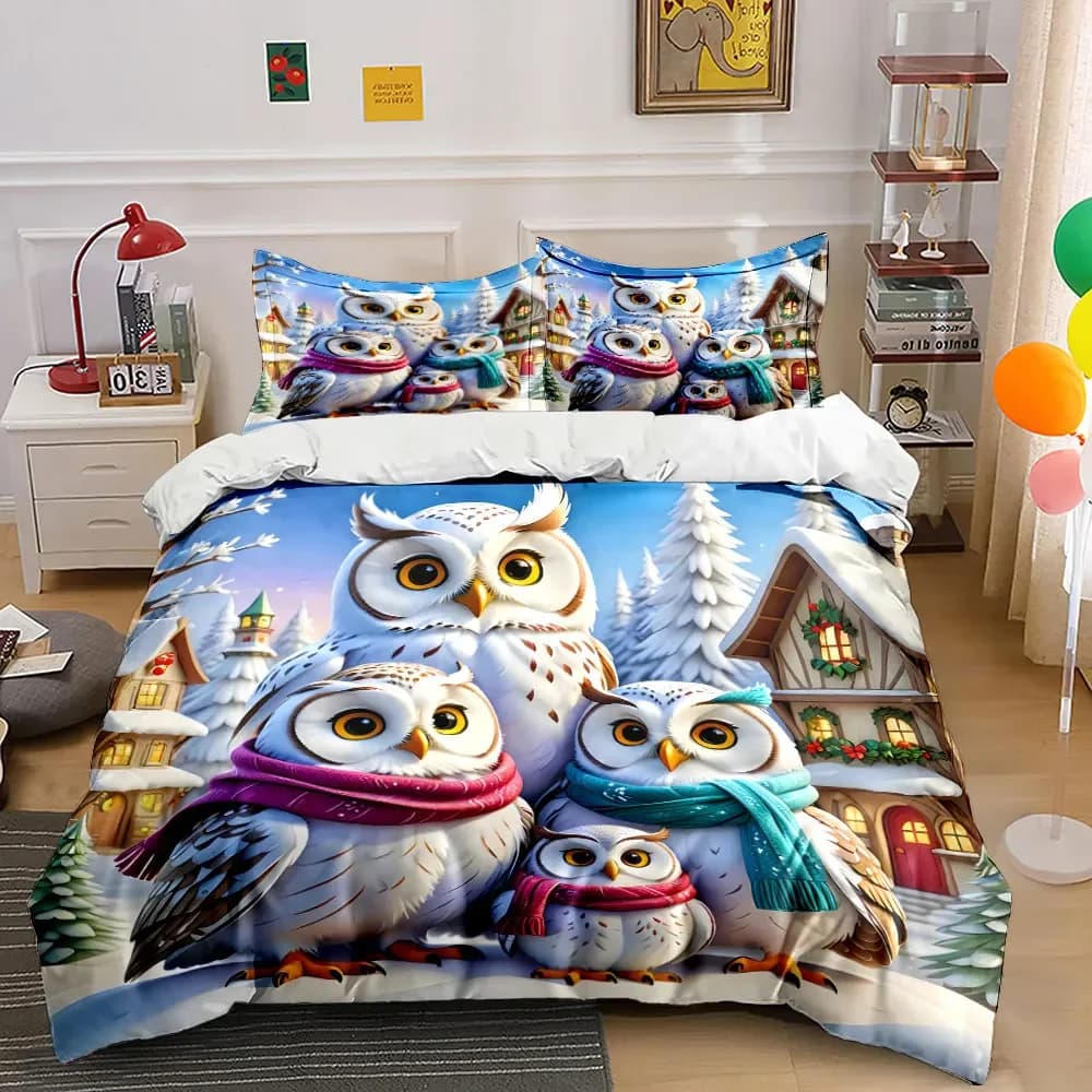 Winter Owl Family Decoration Set Soft Comfortable Duvet Cover Bedding Set Included 1*Duvet Cover & 2*Pillowcases, gift