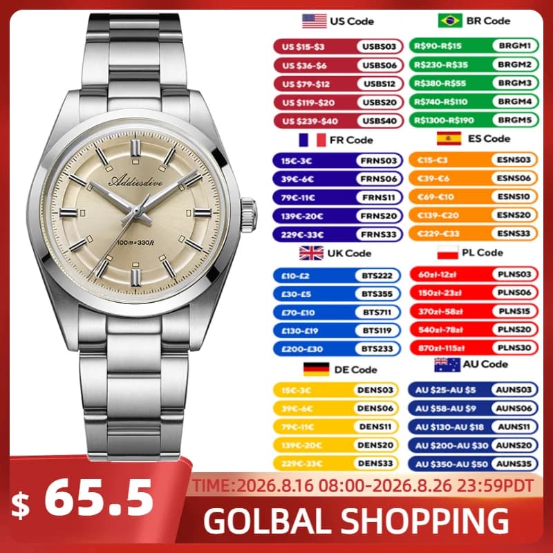ADDIESDIVE 36mm Super Bright Quartz Luxury Men's Watch With Bubble Glass, Waterproof Men's Watch, Stainless Steel Men's Watch