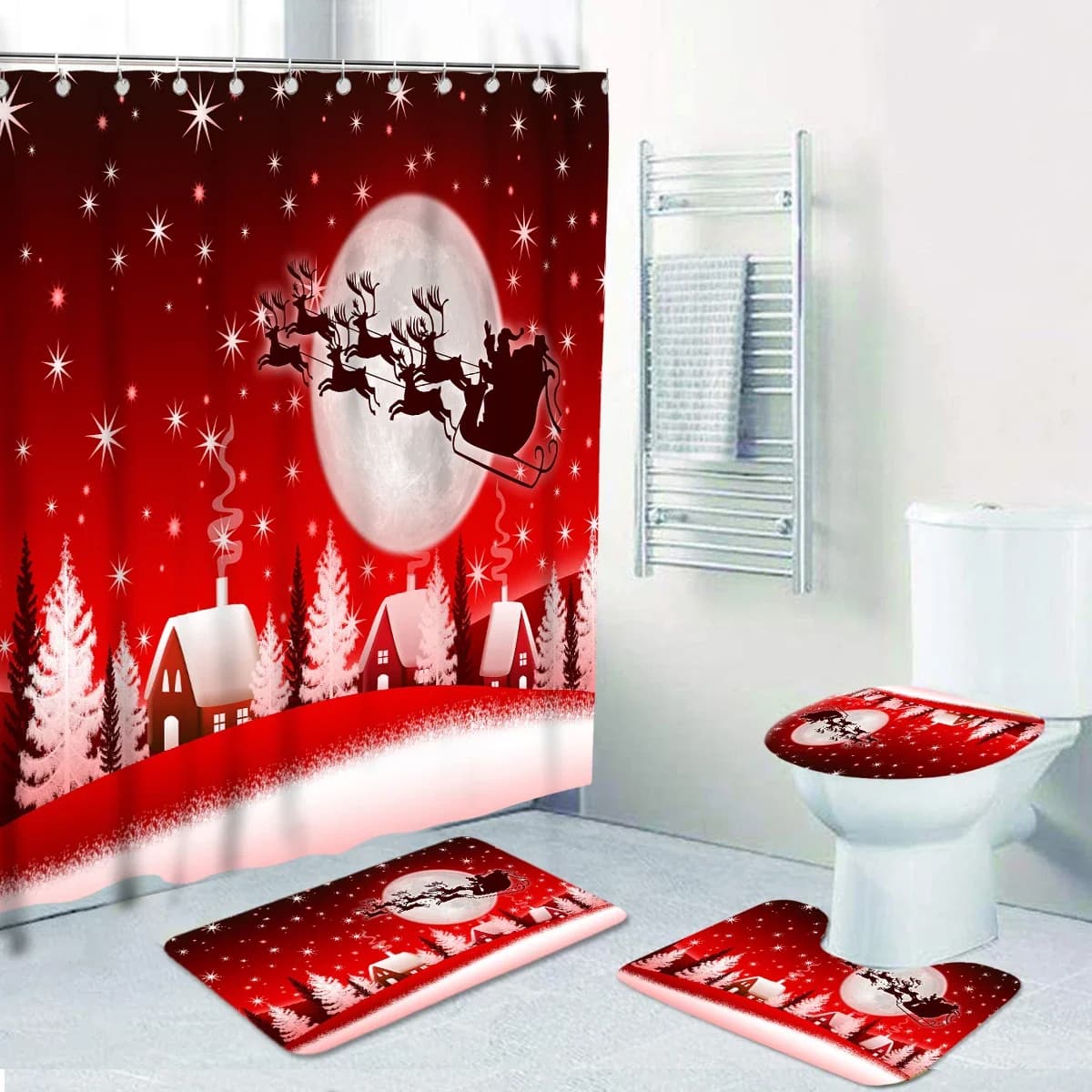 4 Pcs Merry Christmas Shower Curtain Sets with Non-Slip Rug Toilet Lid Cover Bath Mat for Christmas Bathroom Accessory