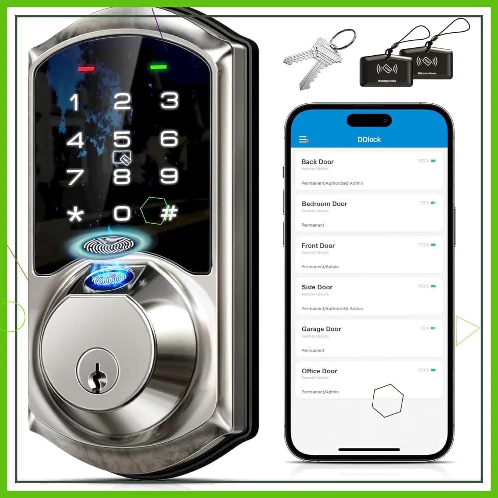 Serratura Intelligente 7-in-1 con Impronta Digitale e Controllo App, Ingresso Senza Chiave, Blocco Automatico, Finitura Nichel Satinato