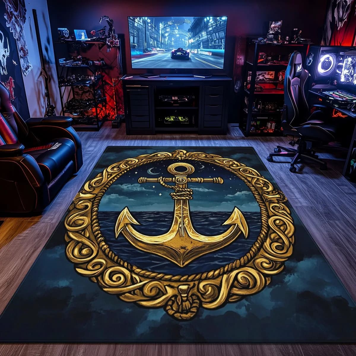Tappeto dal design nautico con ancore dorato per sala giochi o barca INTERIORE VELVET IN CRISTALLO MARINE CARPETTO a tema