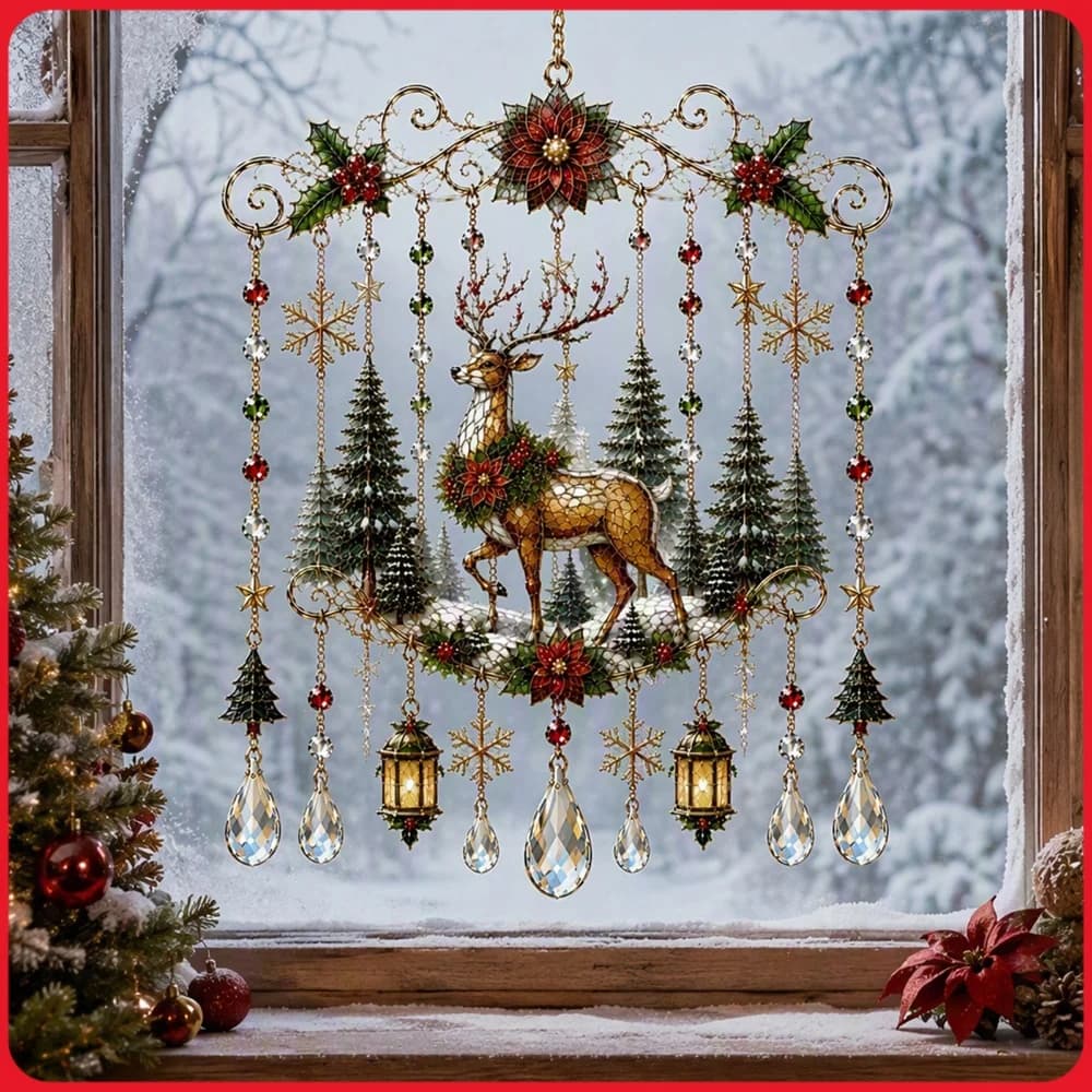 Metal Holiday Window Hanging Decoration Christmas Santa Claus Reindeer Cardinal Gingerbread House Beaded Wind Chime