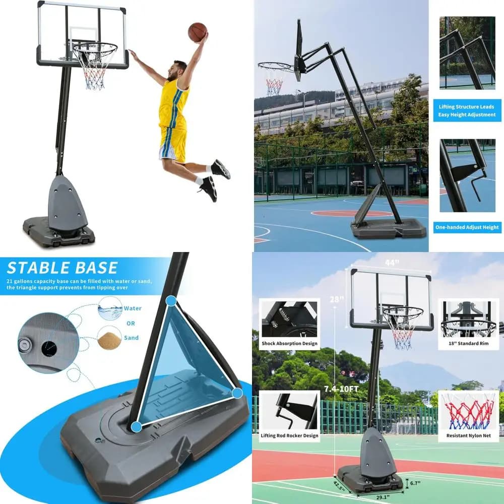 10-foot basketball system adjustable with 44 infrangible boards for indoor and outdoor use
