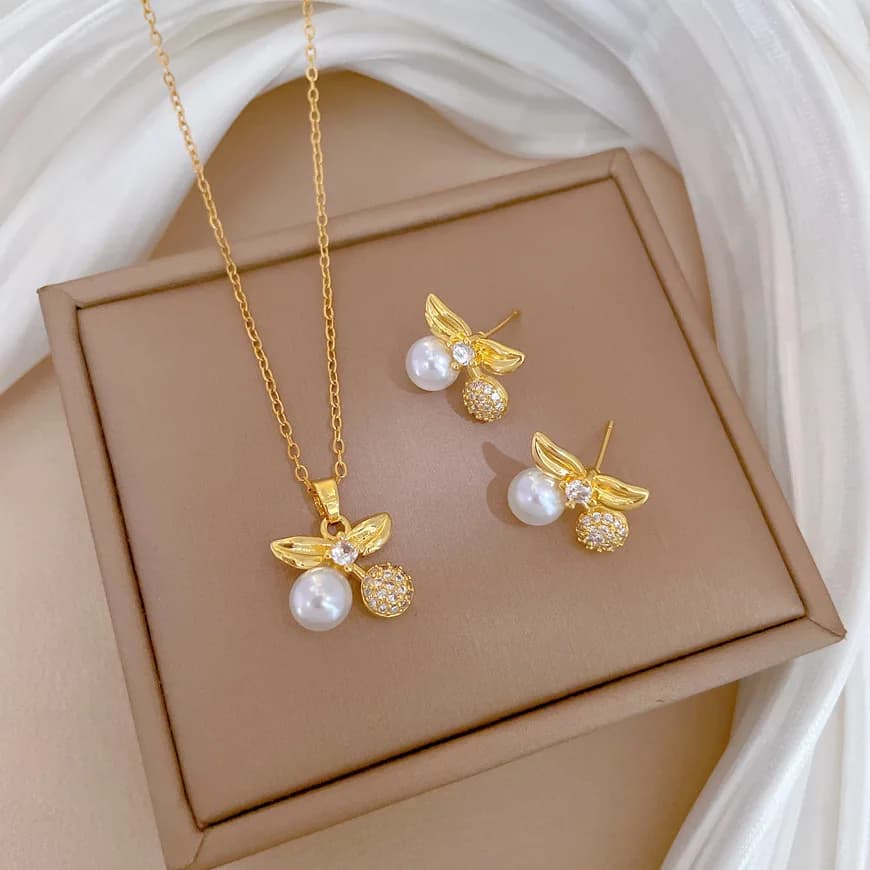 Orecchini a bottone con collana di ciliegie con perle di zirconi dolci per donne e ragazze adolescenti, catena in acciaio inossidabile, set di gioielli carini, accessori, regali