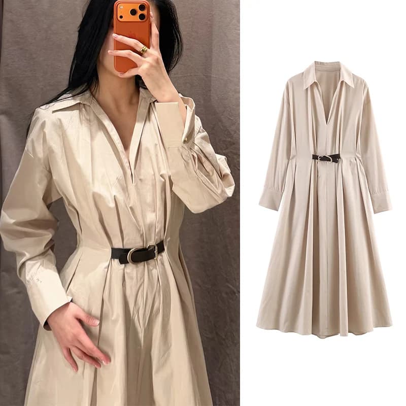 Abito da Donna 2026 Nuova Moda Primavera Manica Lunga Kaki con Cintura Vestito Midi Elegante Chic con Ampio Orlo per Donna