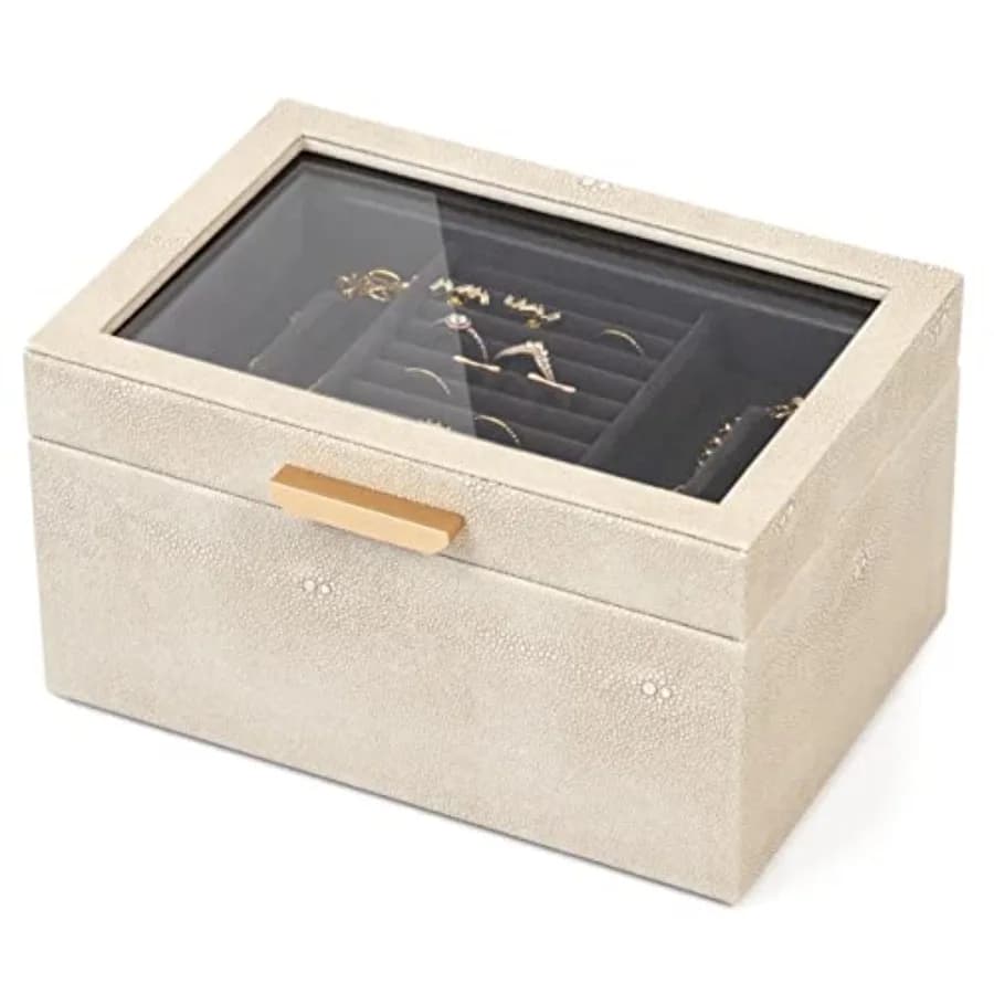Petite 3-tier jewelry box, glove box for bracelets, earrings, rings, necklaces, accessories organizer for women and girls W