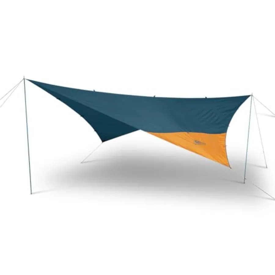 Sun shelter and multi-use awning rainfly for outdoor camping, polyethylene tarp, silver-gray, UV protection + waterproof + dura