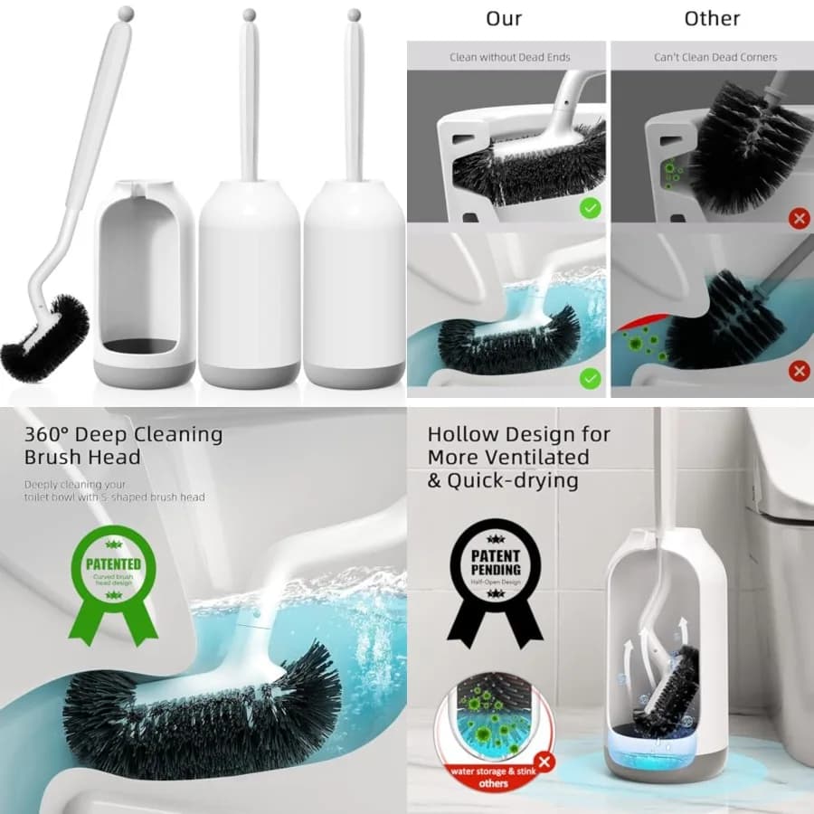 Toilet Bowl Brush Holder Set: Bathroom Deep Cleaning Toilet Cleaner Scrubber Under Rim with Curved Bristle for Dead Corner Clea