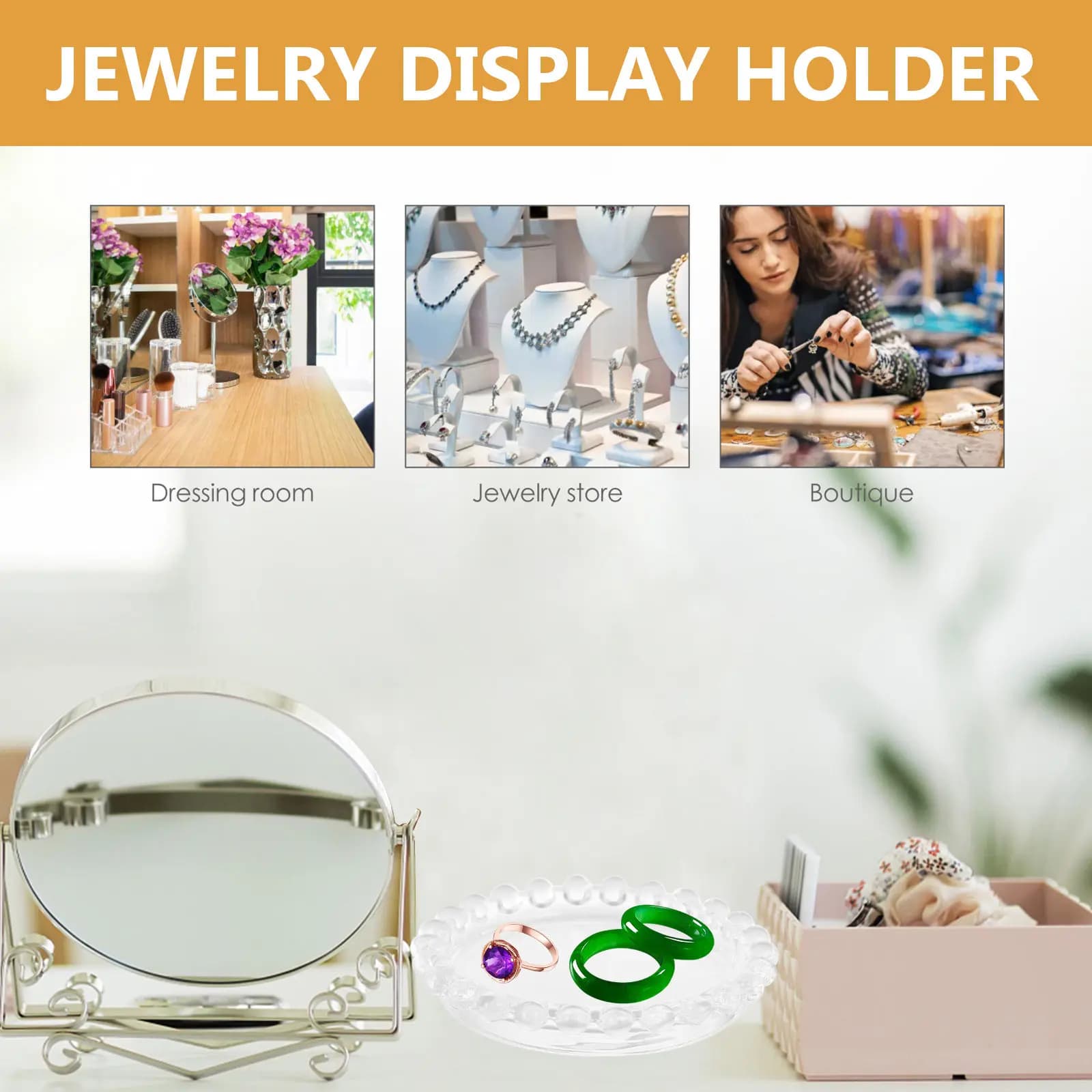 Transparent Crystal Round Tray for Rings and Earrings Exhibition, Desk Ornament, Photography Accessories, Fashion Jewelry