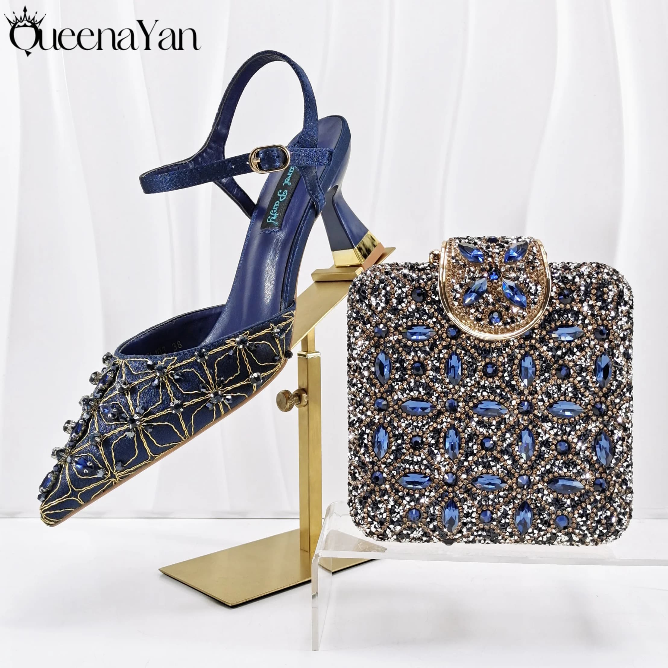 QueenaYan Elegante set di scarpe e borse con tacco medio blu scuro lucido ornato di squisiti strass a forma di diamante perfetti per il matrimonio