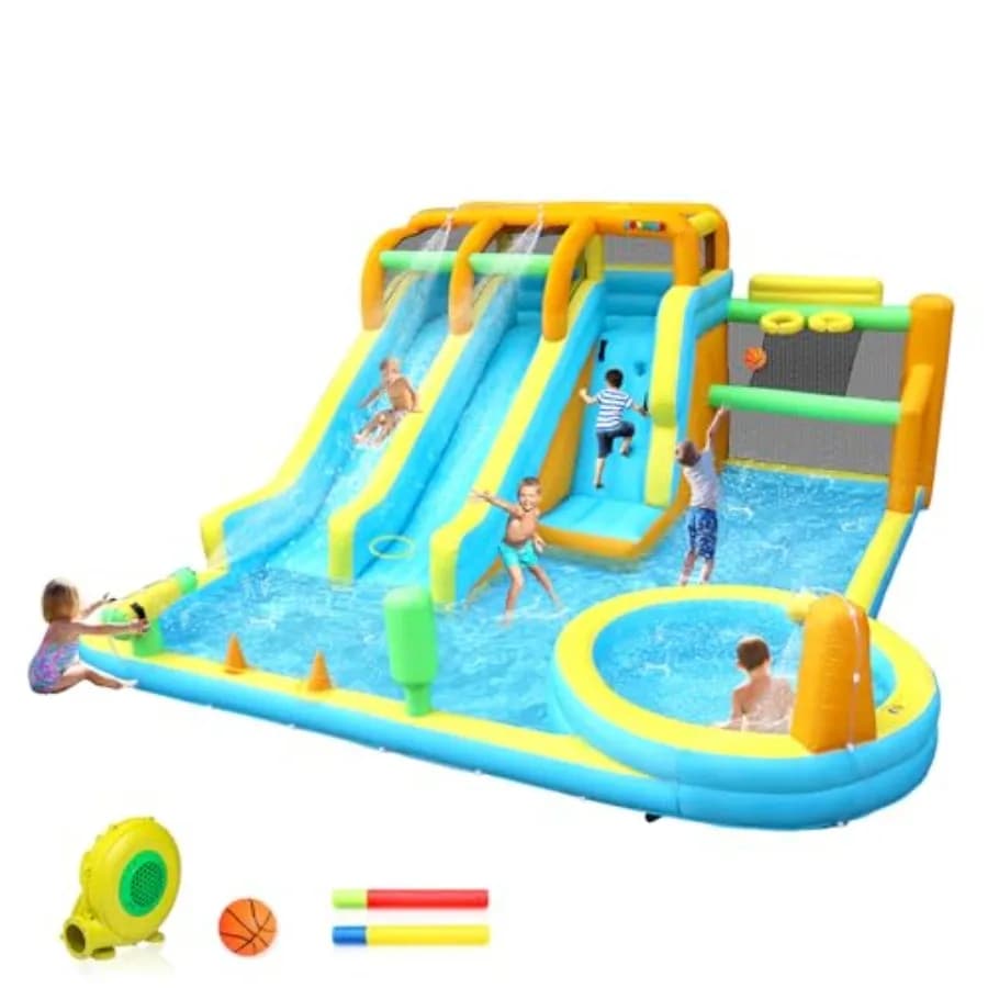 Scivolo acquatico gonfiabile da giardino per bambini: PVC blu/rosso 11-in-1 con doppio scivolo, canestro da basket, piscina, parete da arrampicata e getto d'acqua