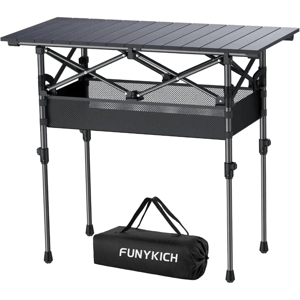 Tavolo da campeggio pieghevole (L32,3''xW15,7''), tavolo da picnic portatile arrotolabile in alluminio con 2 altezze regolabili, ampio spazio di archiviazione e Carr