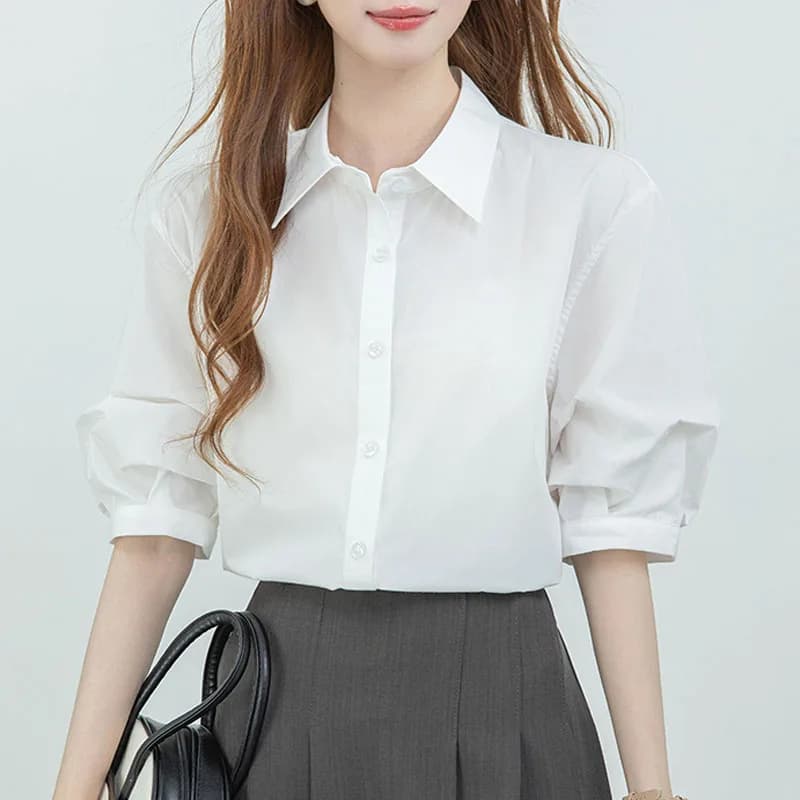 Women Shirt Blouse Summer Office Lady New Short Sleeve Blouses Turn Down Collar White Shirt Blouse Women Tops Shirts Blusa Q4776