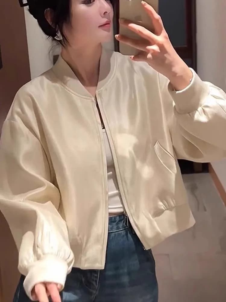 Elegant Satin Jacket Loose Comfortable Stylish Premium Feeling Baseball Shirt Korean Style Commute Spring Autumn Fashion