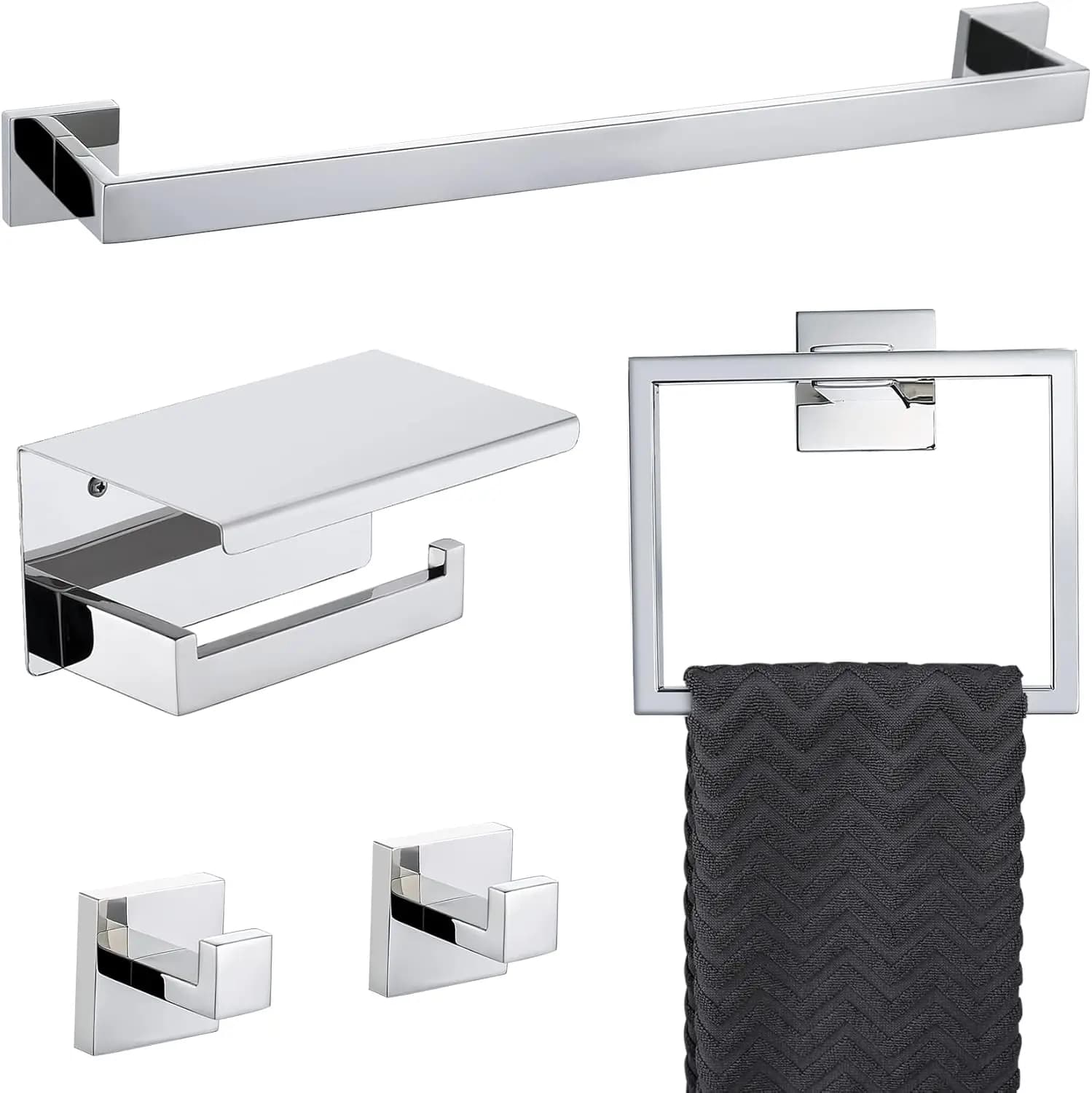 Set di accessori per il bagno in cromo lucido con portasciugamani, porta carta igienica, 23,6 pollici, 5 pezzi