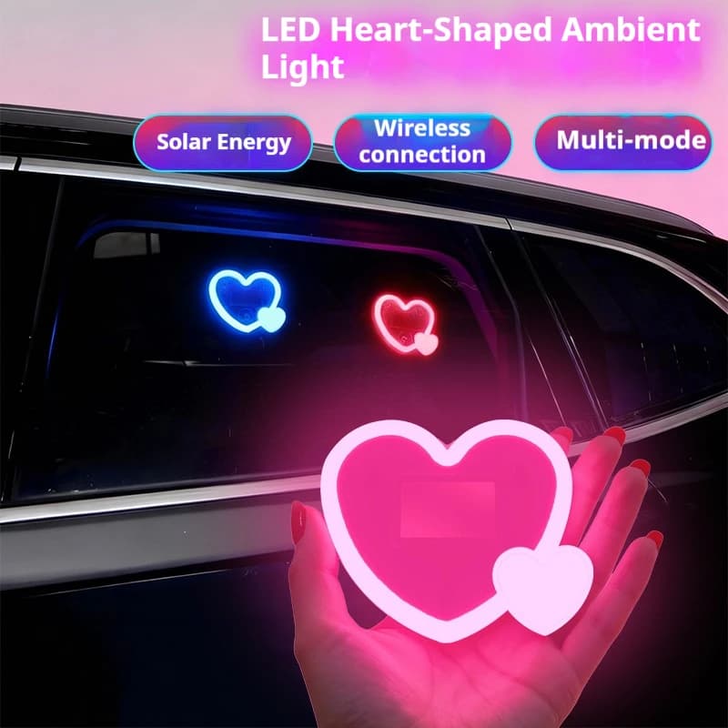 Luce al Neon per Auto a Energia Solare, Lampada LED Wireless a Forma di Cuore, Luce Ambientale con Ventosa, Ricaricabile USB, Lampada Atmosfera con Effetto Respirazione