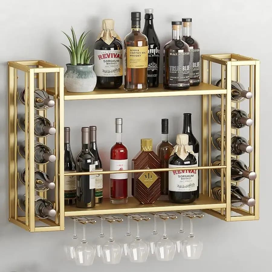 Portabottiglie da Parete, Portabottiglie a Muro con Portabicchieri, Mensola Multifunzionale a 2 Livelli per Casa, Ristorante, Bar