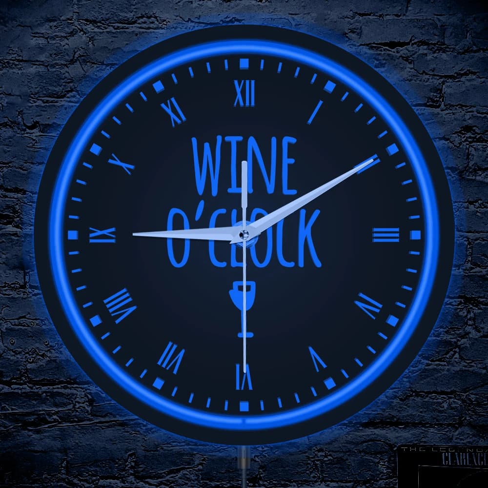 Luminous wall clock with wine neon sign, for kitchen, house, bar, pub, funny humor quote, cellar, wall clock with metal frame