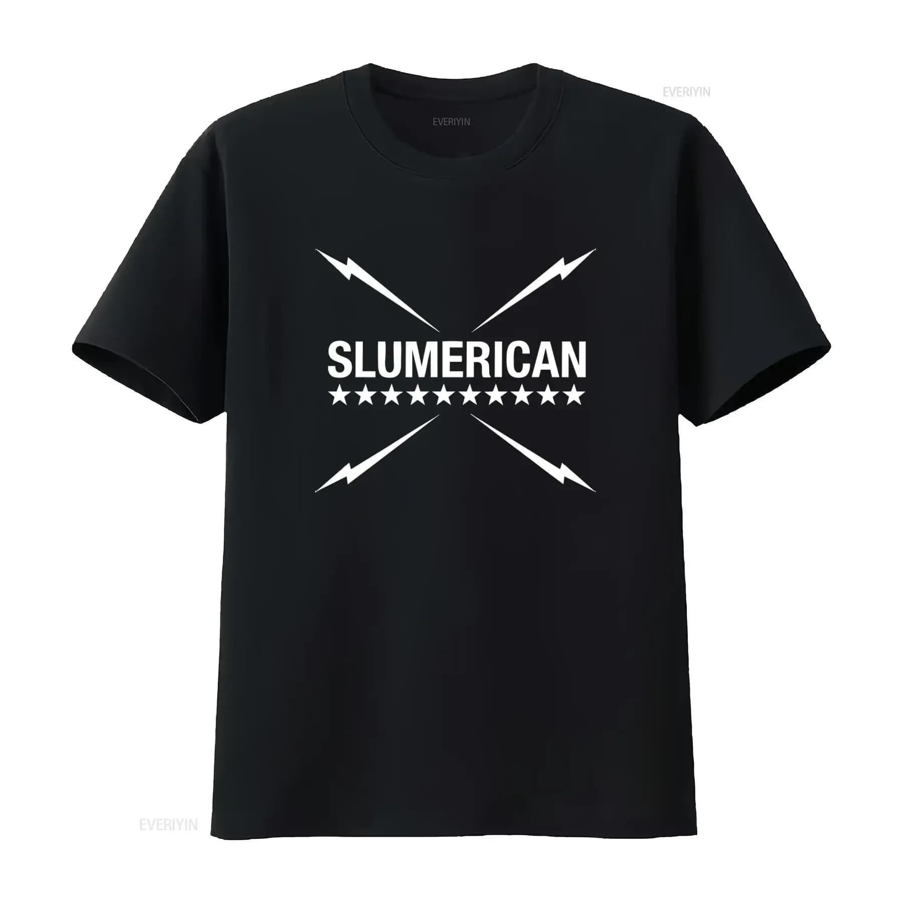 T-shirt girocollo Yellawolf Slumerican Merch X, elegante nera con stampa bianca audace e design a stella, vintage, lavata, confortevole