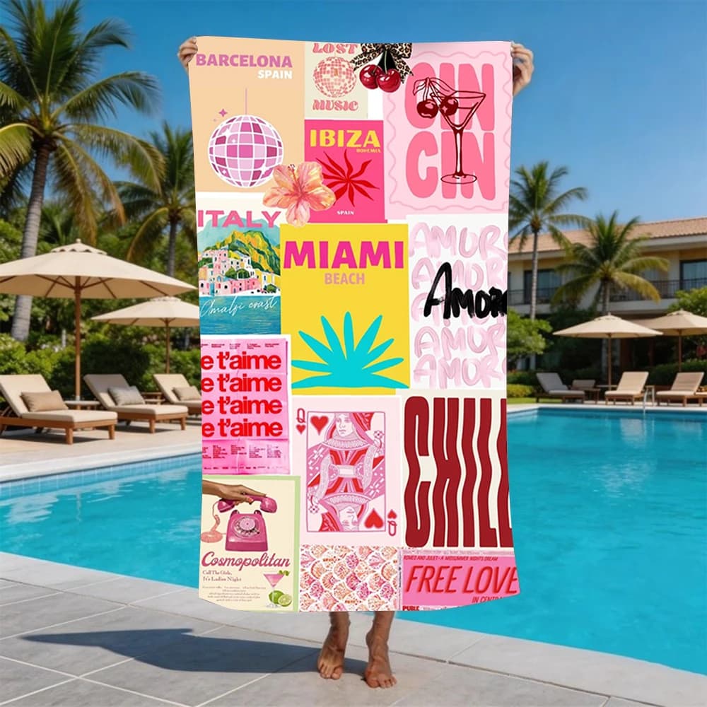 Pink Miami Ibiza Retro Travel Collage Beach Towel For Y2k Fashion Girls Holiday Quick Dry Bath Towel