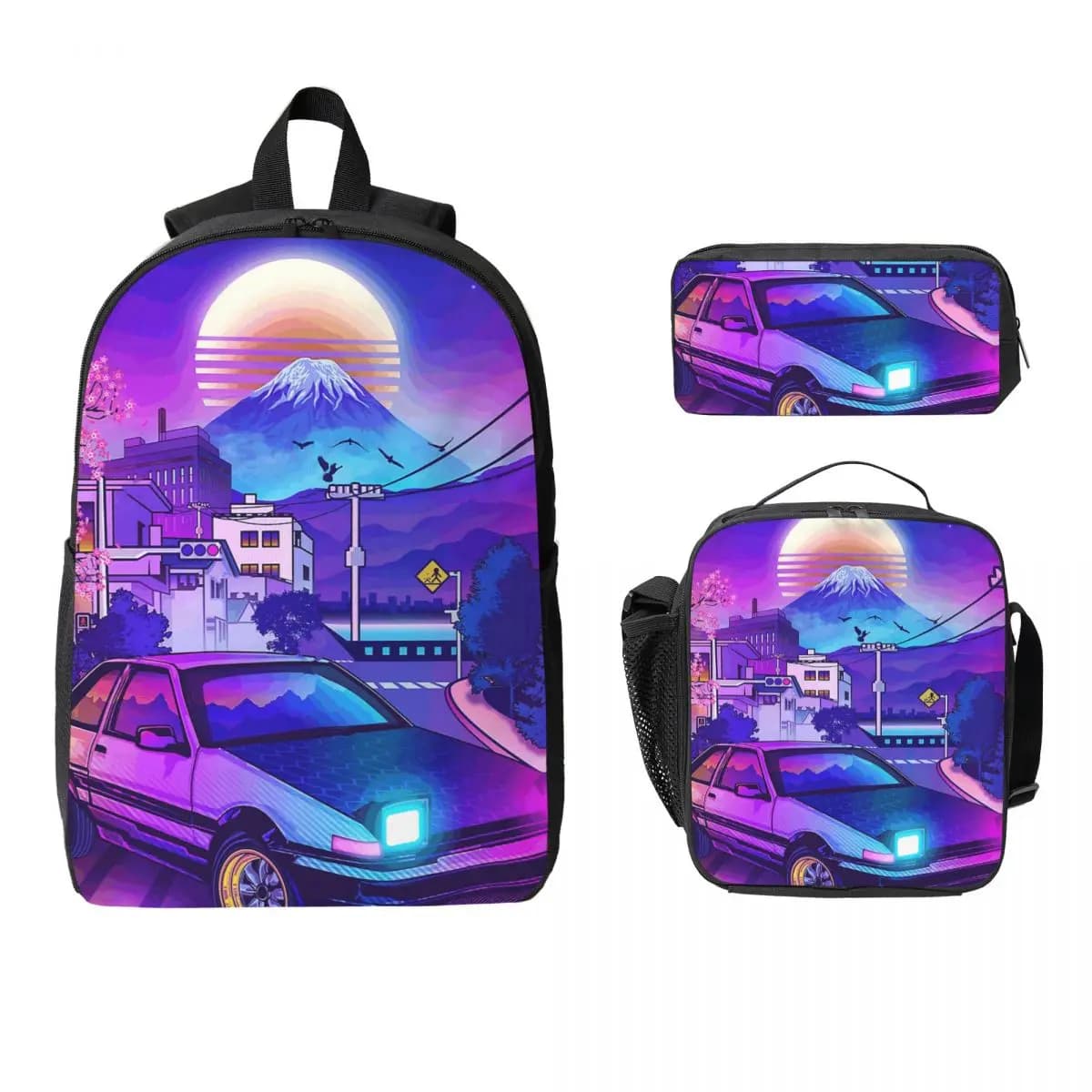 Iniziale D Neon Ae86 Zaino Studente Ragazzi Ragazze BookBag Borsa da scuola Borse a tracolla per laptop Borsa da pranzo isolata 3ps Astuccio