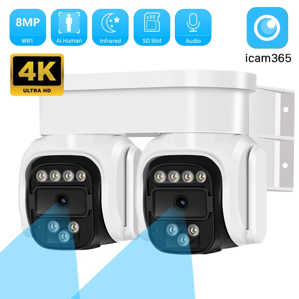 4K 8MP WiFi Dual Lens Dual Screen telecamera esterna Motion Derection telecamera IP AI Human Tracking PTZ sorveglianza di sicurezza ICam365