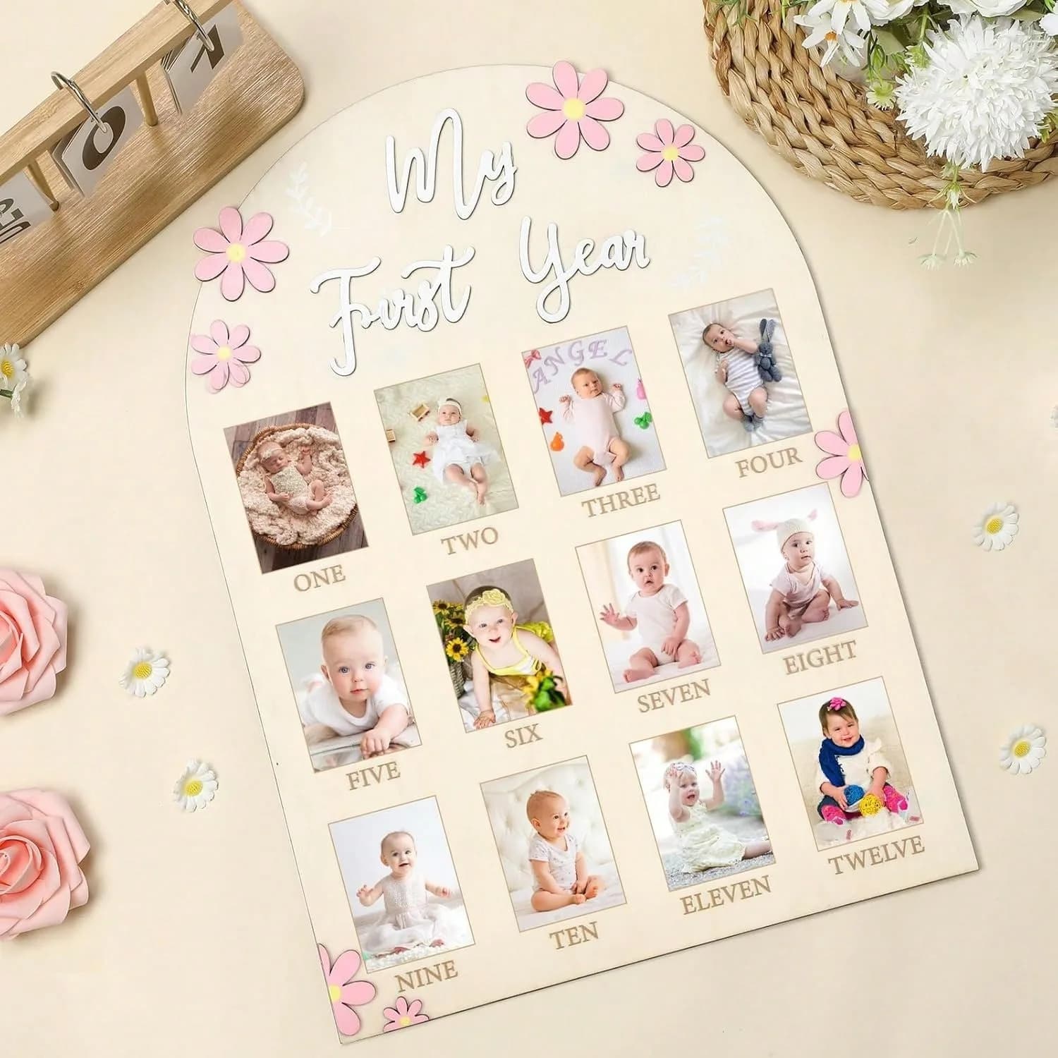 Pink Flower Wooden Photo Board 12 Months Milestone Frame Baby Birthday Keepsake Growth Record Picture Display Decor Gift