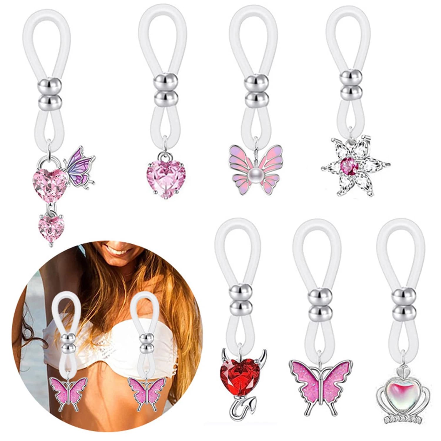 Lega di silicone farfalla cuore fiore sexy anello per capezzoli zirconi falso capezzolo piercing cerchi finti piercing gioielli per il corpo per le donne
