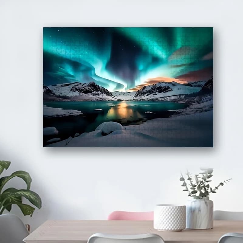 Puzzle Northern Lights Aurora Borealis da 1000 pezzi per adulti - Scena notturna del lago di montagna invernale con verde vibrante e blu