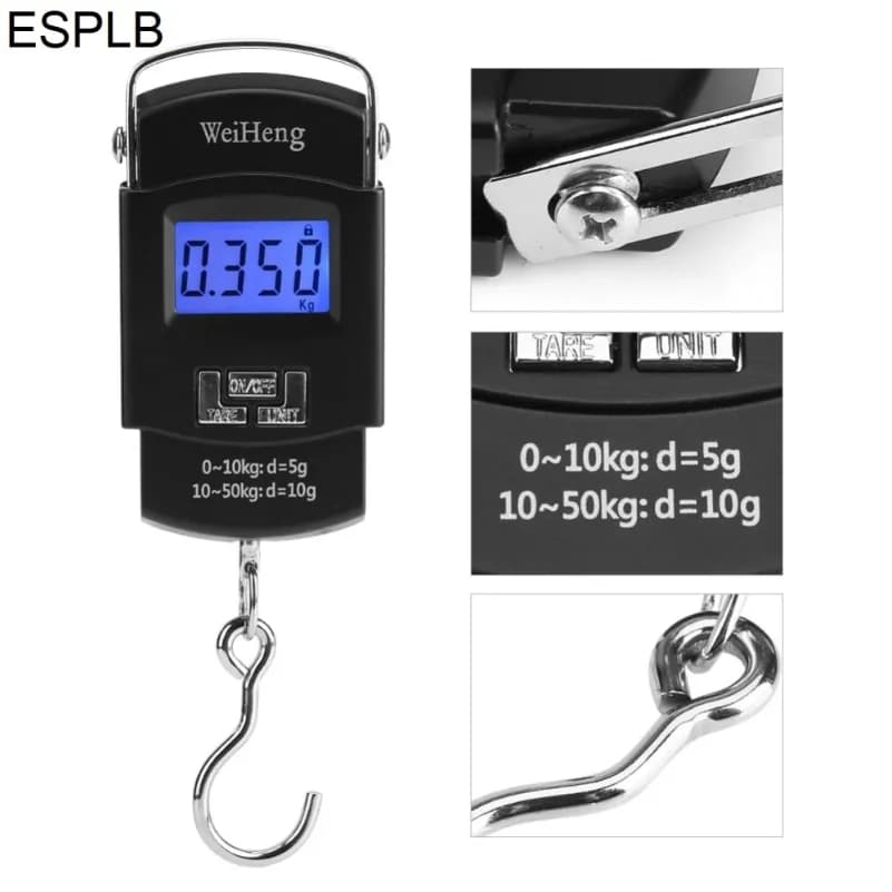 Bilancia Digitale LCD ESPLB 50kg/10g, Bilancia Elettronica Tascabile con Gancio per Pesca, Uso Domestico e All'aperto