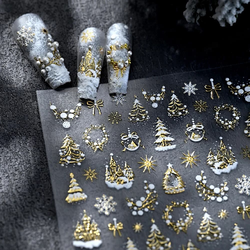 1pc 5D Oro Neve Albero di Natale Ghirlanda Nail Art Adesivi Arco Sfera di cristallo Ciondolo Inverno Decalcomanie per unghie Capodanno Natale Nail Decorati