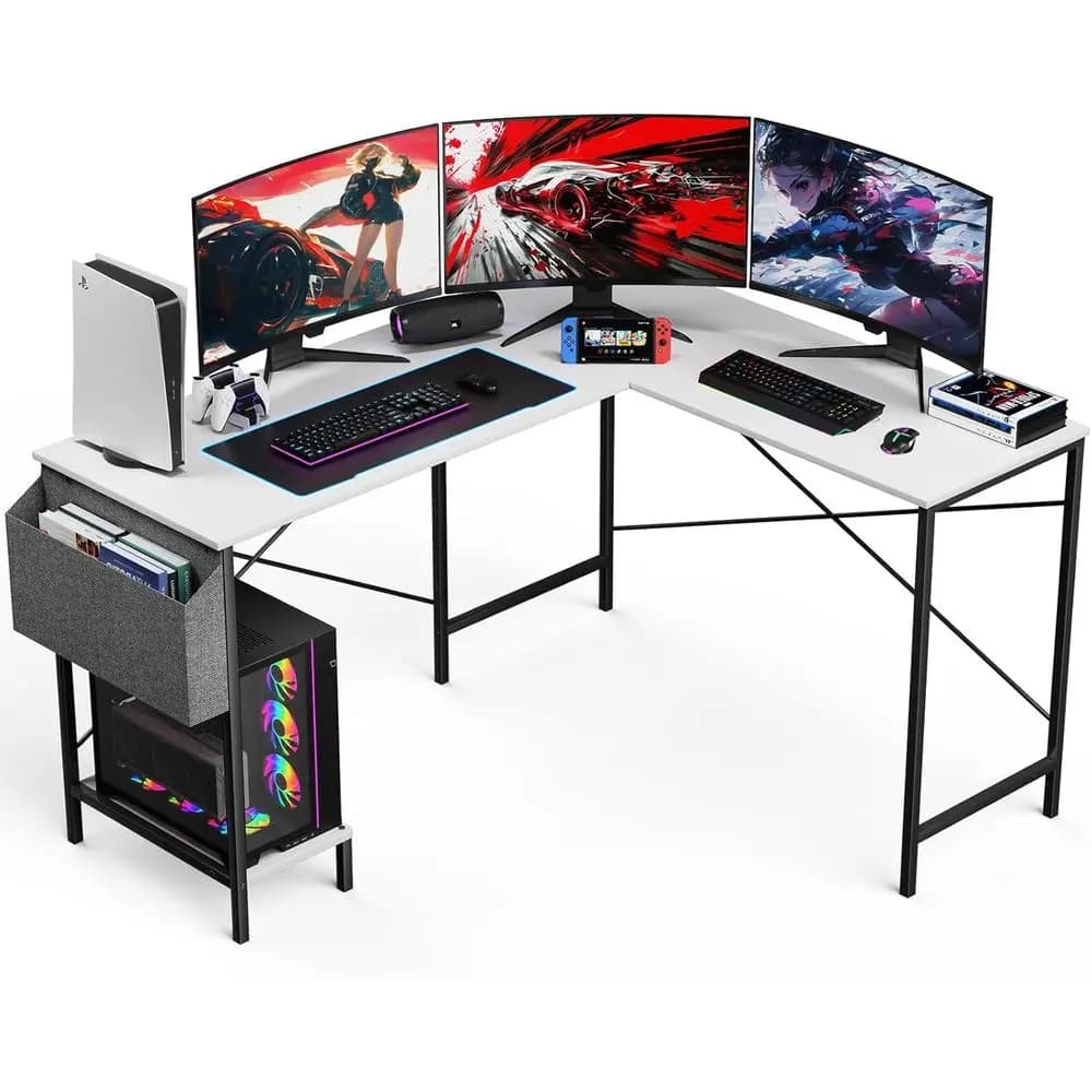 Scrivania a L da 50 Pollici per Gaming e Studio, Piano in Legno Reversibile con Struttura in Metallo, Compatta per Spazi Ridotti