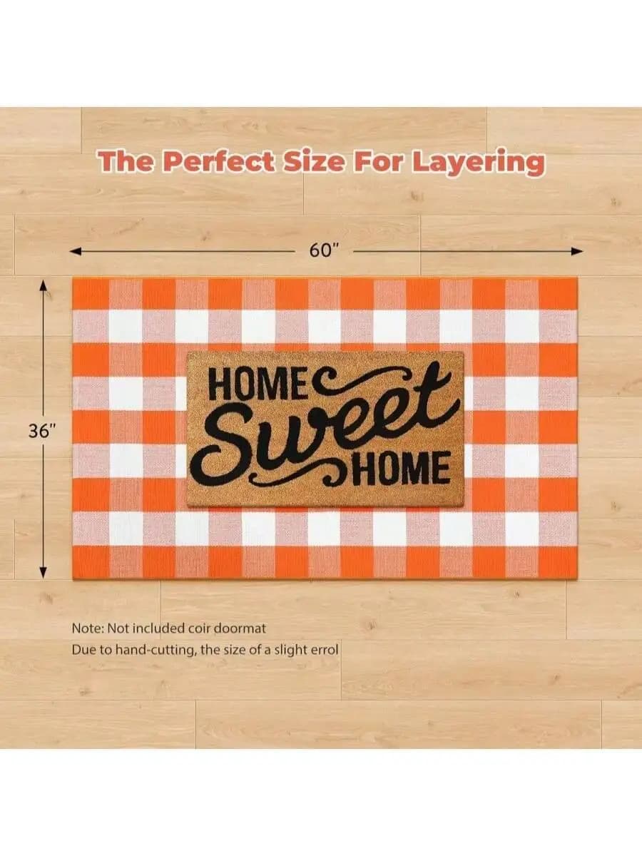 Orange And White Plaid Layered Doormat For Entryway Porch Kitchen Bathroom